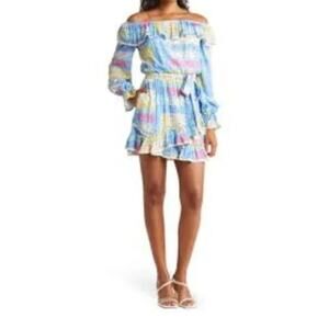 BTFL-life Womens SX M Off the Shoulder Patchwork Pattern Mini Dress Multicolored